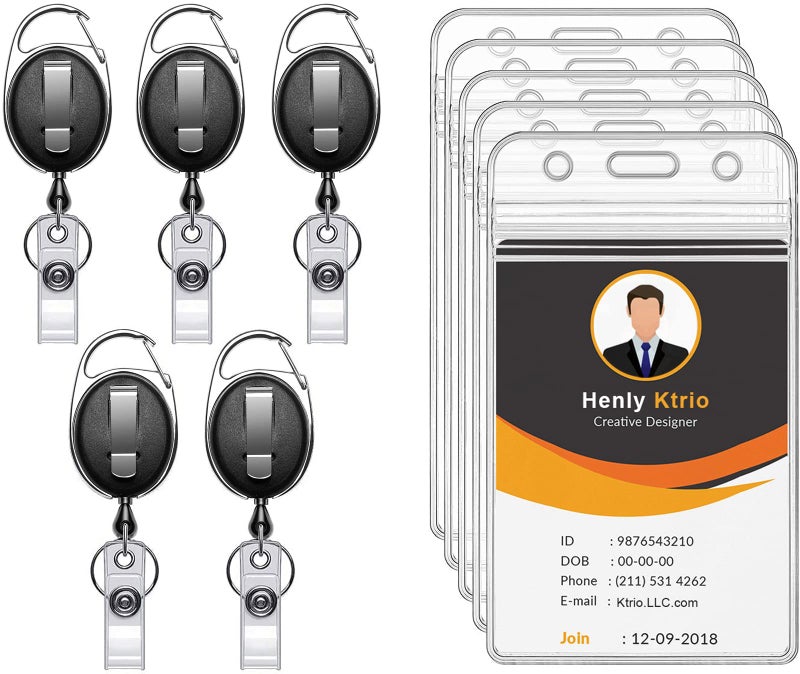 KTRIO ID Badge Holders with Clip Badge Reels - Vertical Clear Plastic ID Card Holders (2.5" x 3.4") - Retractable 24" Pull Cord for Office, School, 5 Pack - Image 1